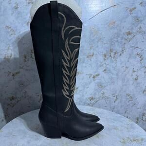 Qupid Womens Size 6M Shoes Black Embroidered Vegan Western Cowboy Knee High Boot